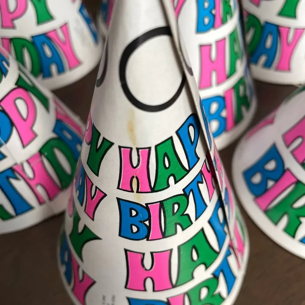 Vintage Birthday Party Hat Lot of 8 Paper 1980's Neon Happy Birthday CRAFT READ!